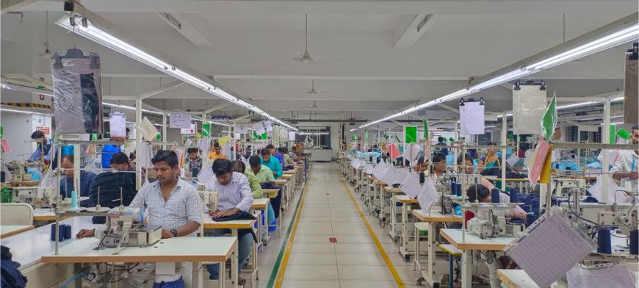 Production sewing floor — 400+ operators across organized production lines