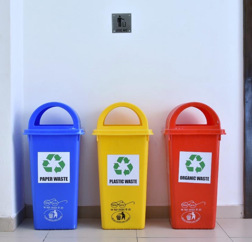 Color-coded waste segregation bins — paper, plastic, and organic waste